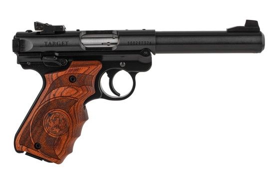 The Mark IV Target Pistol features a one-piece CNC machined grip frame and attractive etched wood grips that are grooved to allow a more positive grip.